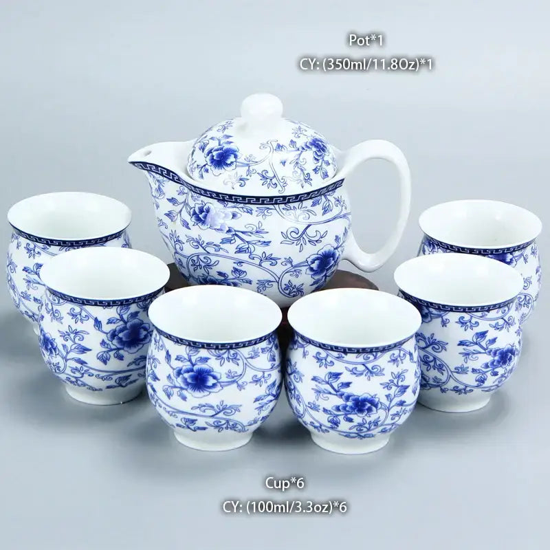 Blue and white porcelain tea set with floral patterns complementing decorbites dragon teapot tea in ceramic dining room use