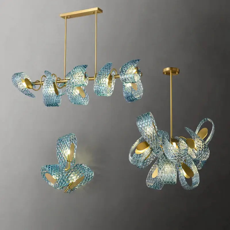 Blue and gold petal glass led copper pendant light with sculptural design featuring gold-toned metal accents
