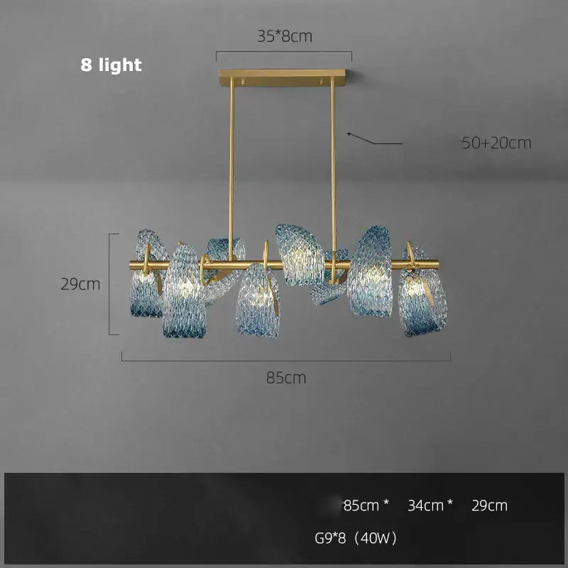 Modern pendant light with eight blue and white textured glass shades on gold led copper pendant frame for dining room decorbites g9 led