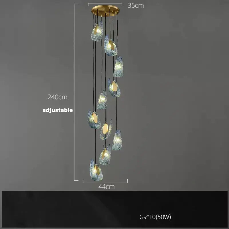 A modern blue and gold petal glass led copper pendant light with ten shades for dining room decorbites g9 led lighting