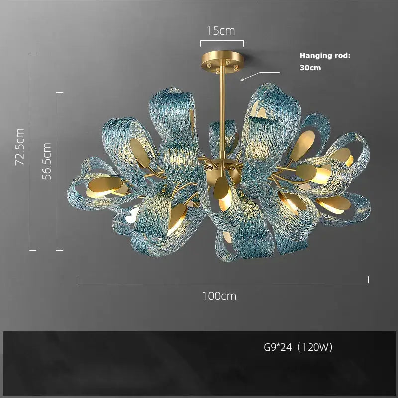Blue and gold petal glass led copper pendant light with sculptural design and gold-toned metal accents for dining room decorbites g9 led