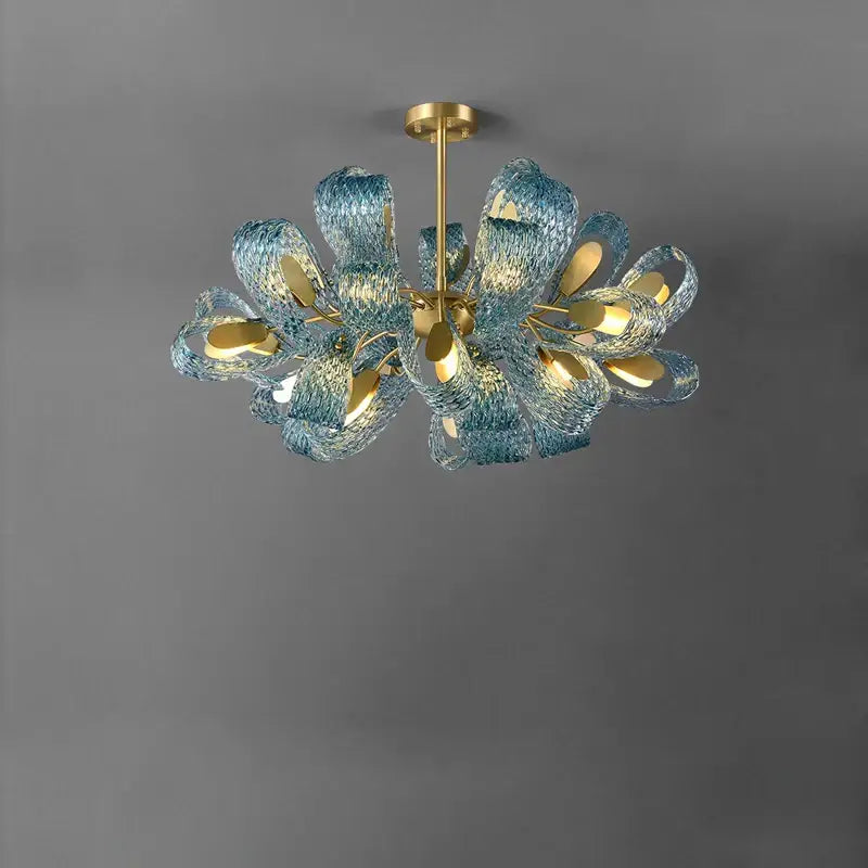 Blue and gold petal glass led copper pendant light with decorbites g9 led for dining room elegance and modern decor