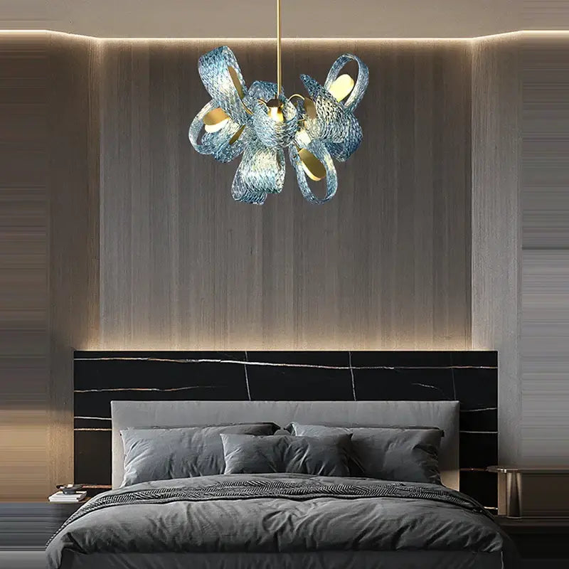 Blue and gold petal glass led copper pendant light with modern sculptural blue glass chandelier design for dining room decorbites g9 led