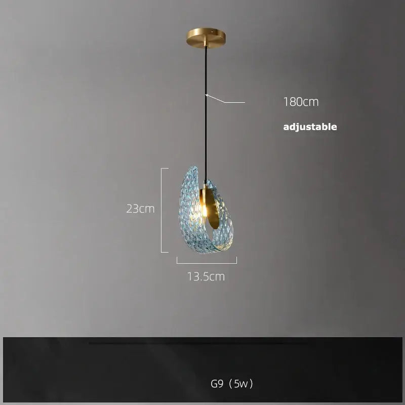 Blue and gold petal glass led copper pendant light with teardrop blue glass shade and gold accents for dining room decorbites g9 led