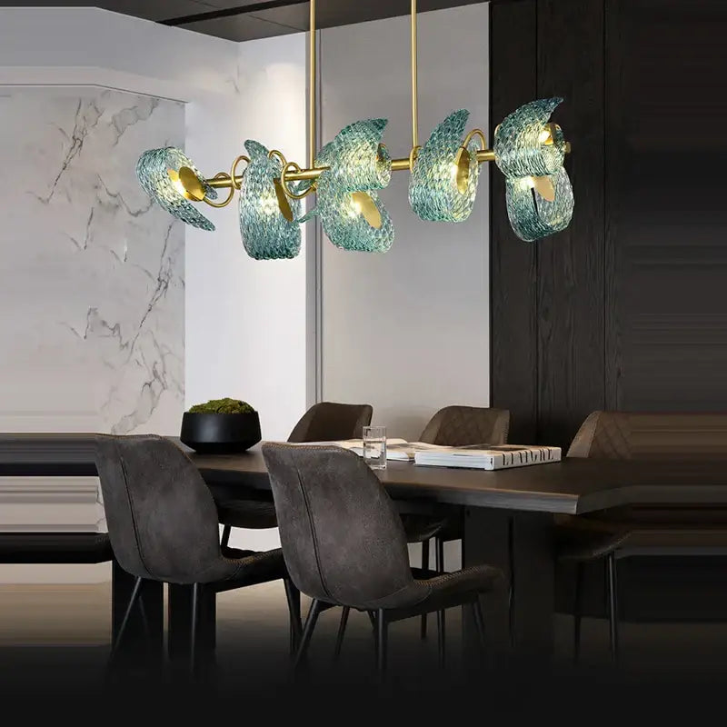 Blue and gold petal glass led copper pendant light with five teal leaf-shaped shades for dining room decorbites g9 led