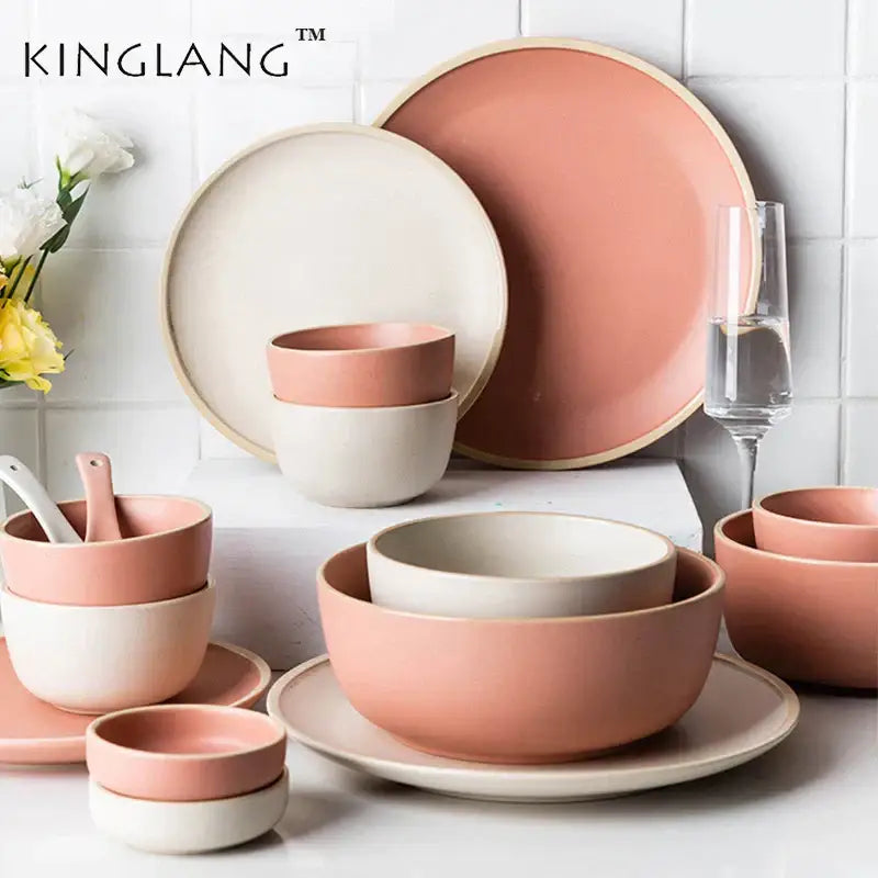 Pastel pink and cream ceramic morandi bowl dinnerware set with matte finish and gold trim for elegant dining decorbites ceramic morandi