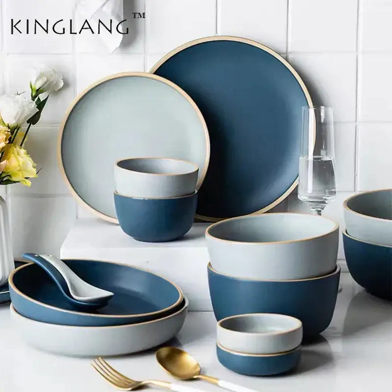 Blue and gray ceramic morandi bowl dining room set with gold-trimmed edges by decorbites ceramic morandi collection