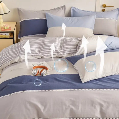 Blue and gray striped cotton single duvet cover with white dotted trim from decorbites cotton single bedding set