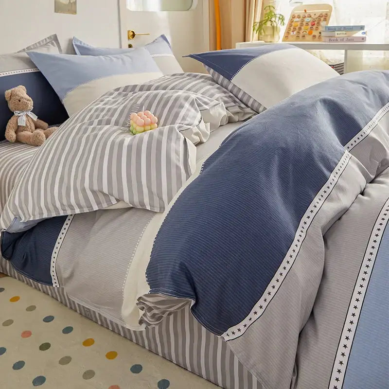 Blue and gray striped cotton single duvet cover with star-patterned trim from decorbites cotton single duvet bedding set