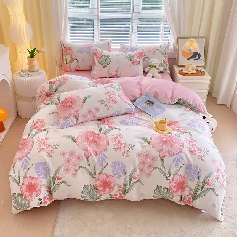 Blue and gray striped cotton single duvet cover with pink and lavender floral patterned bedding on white base decorbites cotton single duvet