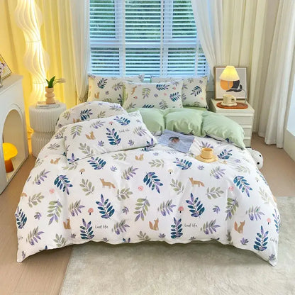 White duvet cover with botanical and fox print in blue green purple and beige for decorbites cotton single bedding set