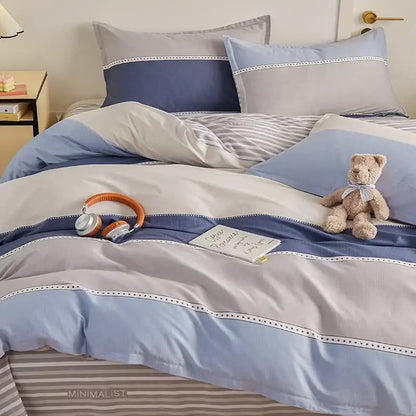 Blue and gray striped cotton single duvet cover with white dotted trim from decorbites cotton single bedding set