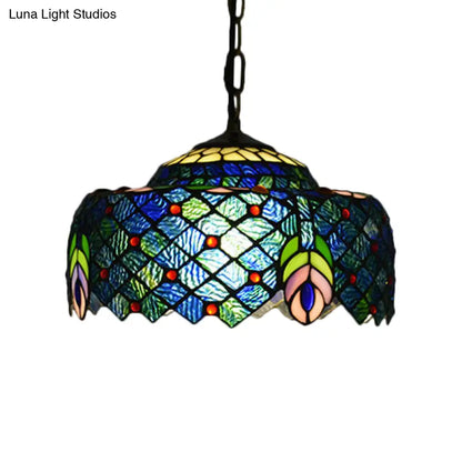 Blue and Green Tiffany Glass Drum Hanging Lamp - Hand Cut Peacock Tail Pattern - 1-Light Ceiling Light Kit