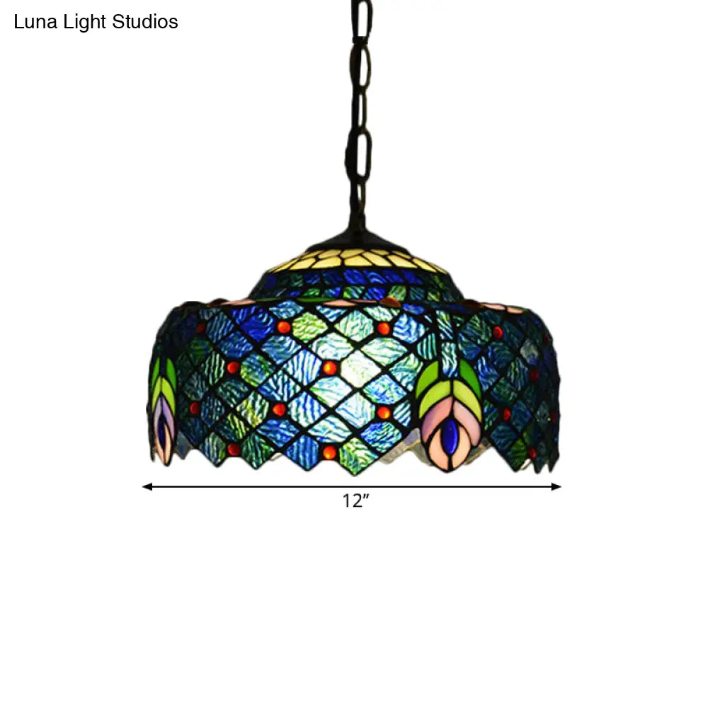 Blue and Green Tiffany Glass Drum Hanging Lamp - Hand Cut Peacock Tail Pattern - 1-Light Ceiling Light Kit