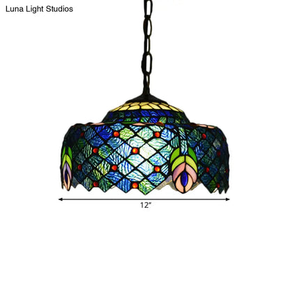 Blue and Green Tiffany Glass Drum Hanging Lamp - Hand Cut Peacock Tail Pattern - 1-Light Ceiling Light Kit