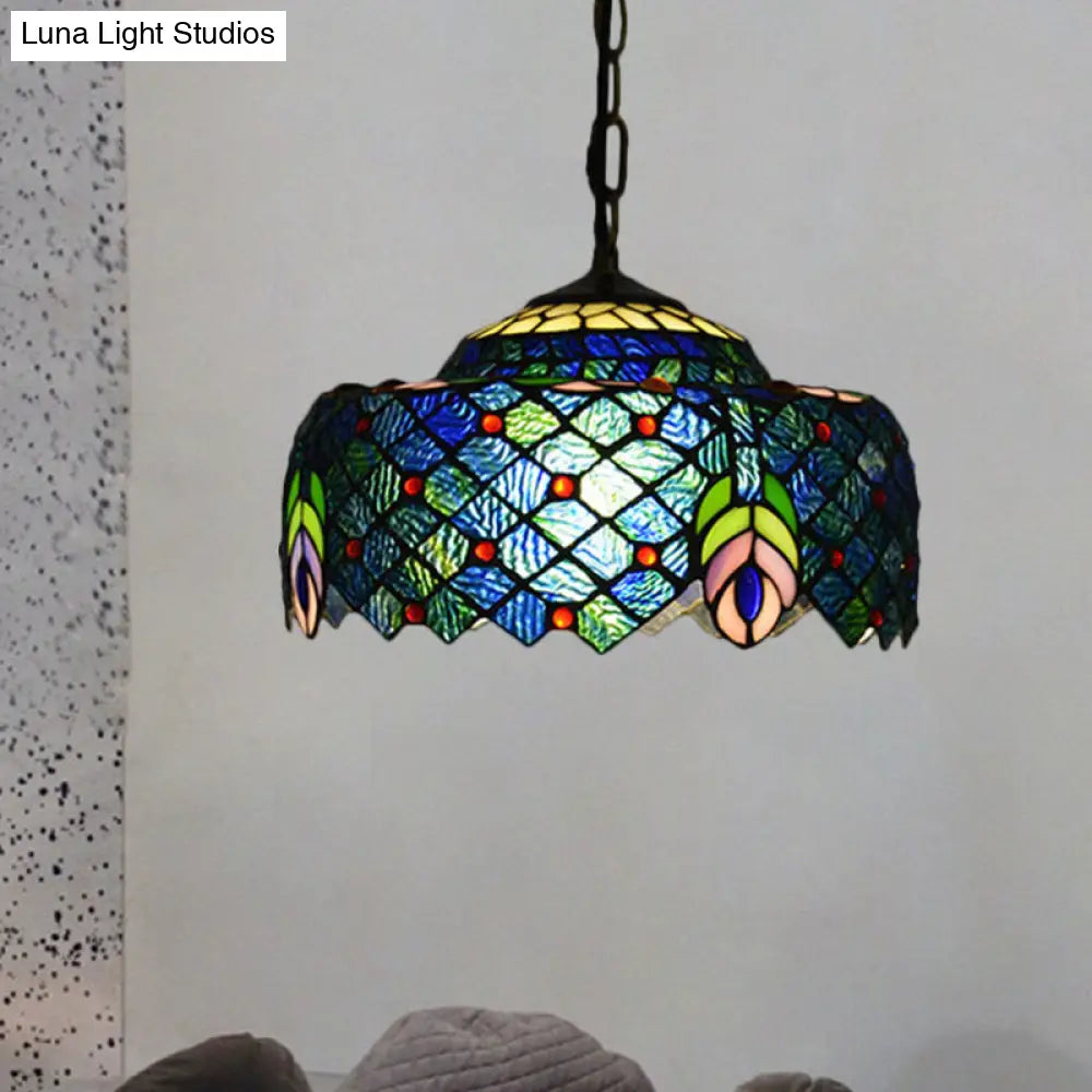 Blue and Green Tiffany Glass Drum Hanging Lamp - Hand Cut Peacock Tail Pattern - 1-Light Ceiling Light Kit