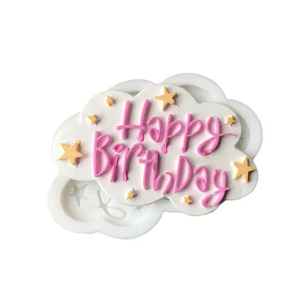 White cloud-shaped silicone mold with pink happy birthday lettering and gold stars for decorbites birthday cake decorbites birthday