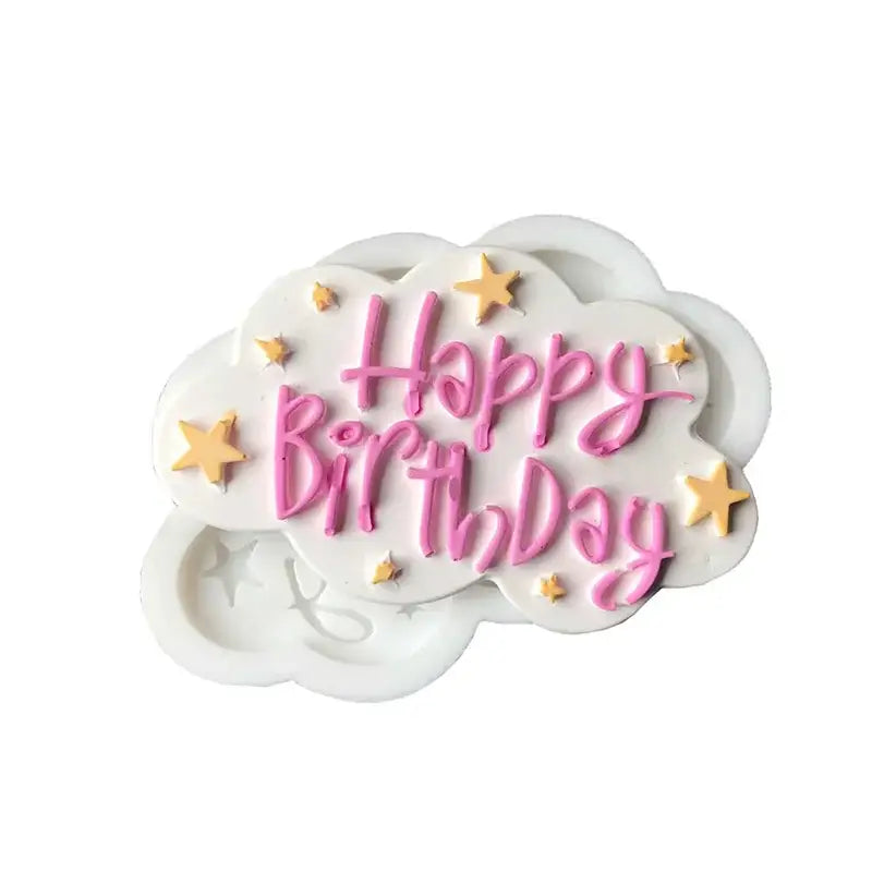 White cloud-shaped silicone mold with pink happy birthday lettering and gold stars for decorbites birthday cake decorbites birthday