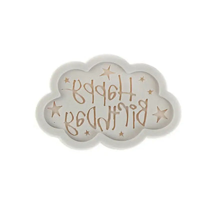 White cloud silicone mold with happy birthday in gold cursive and stars for decorbites birthday cake decorbites birthday