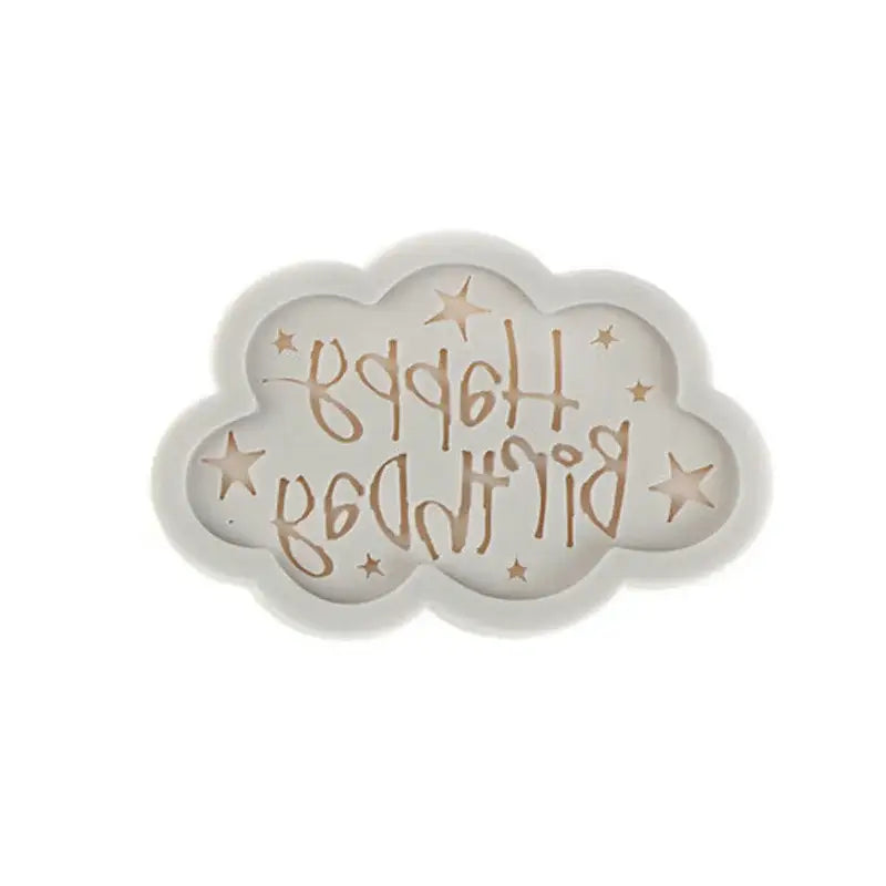White cloud silicone mold with happy birthday in gold cursive and stars for decorbites birthday cake decorbites birthday