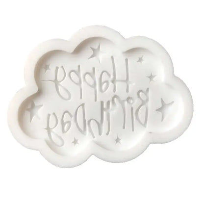 White cloud-shaped silicone mold with happy birthday and star designs for decorbites birthday cake decorbites birthday