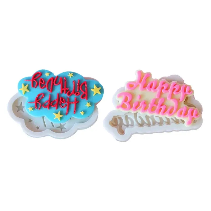 Two colorful cloud silicone molds in blue and pink featuring decorbites birthday cake text for kitchen birthday decorbites birthday