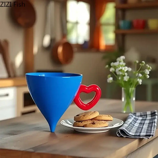 Blue and red heart shape ceramic funnel with decorbites heart shape handle for fruit juice and kitchen use