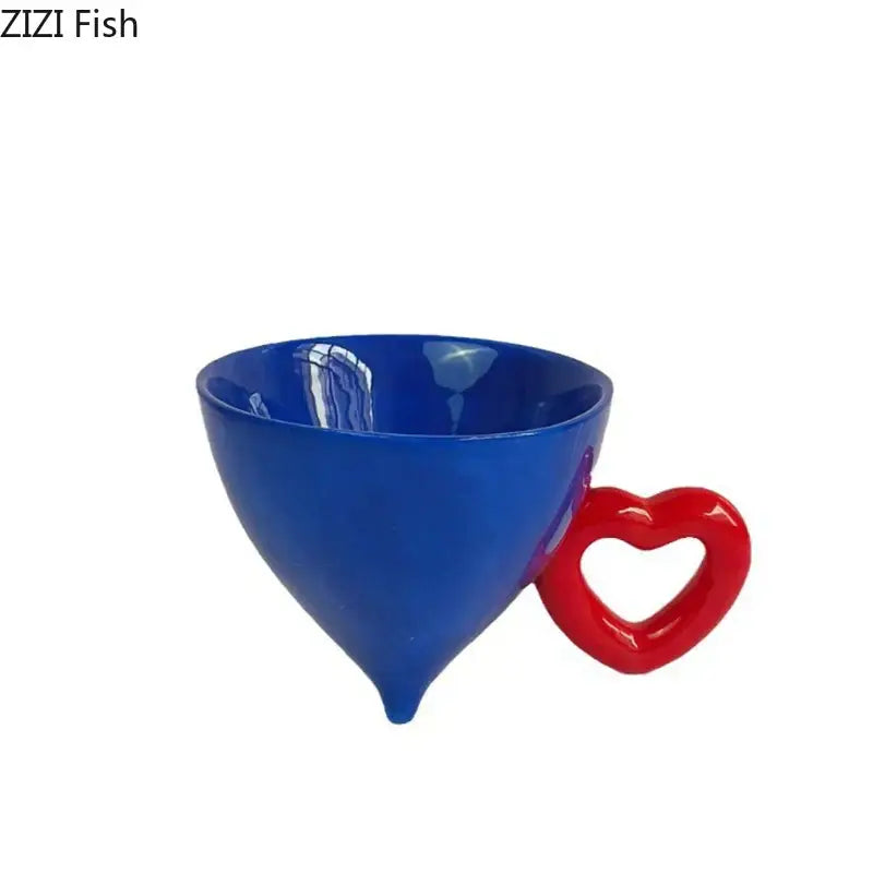 Blue ceramic fruit juice funnel with red decorbites heart shape ceramic handle for kitchen use