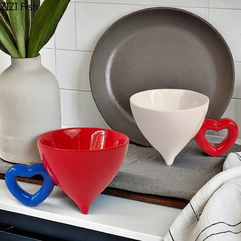 Red ceramic fruit juice cup with heart shape ceramic blue handle from decorbites heart shape mug set