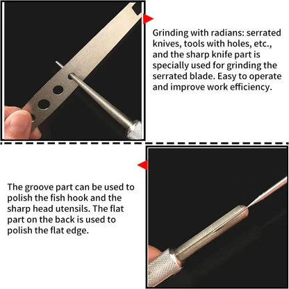 Blue and silver aluminum decorbites knife sharpener with serrated blade and textured grip handle for precision grinding