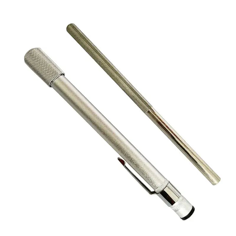 Silver metal file with textured grip and matching rod for precision sharpening in blue and silver decorbites knife sharpener