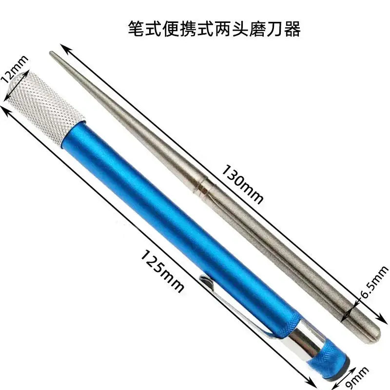 Blue and silver aluminum decorbites knife sharpener with two-headed portable pen-style design and textured silver grip