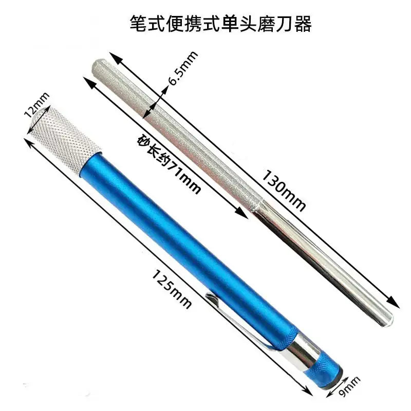 Blue and silver aluminum decorbites knife sharpener with textured silver grip and metallic body in pen-style design