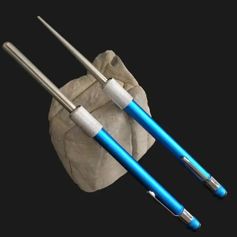 Blue and silver aluminum decorbites knife sharpener with textured silver grip and metallic tip for precise sharpening