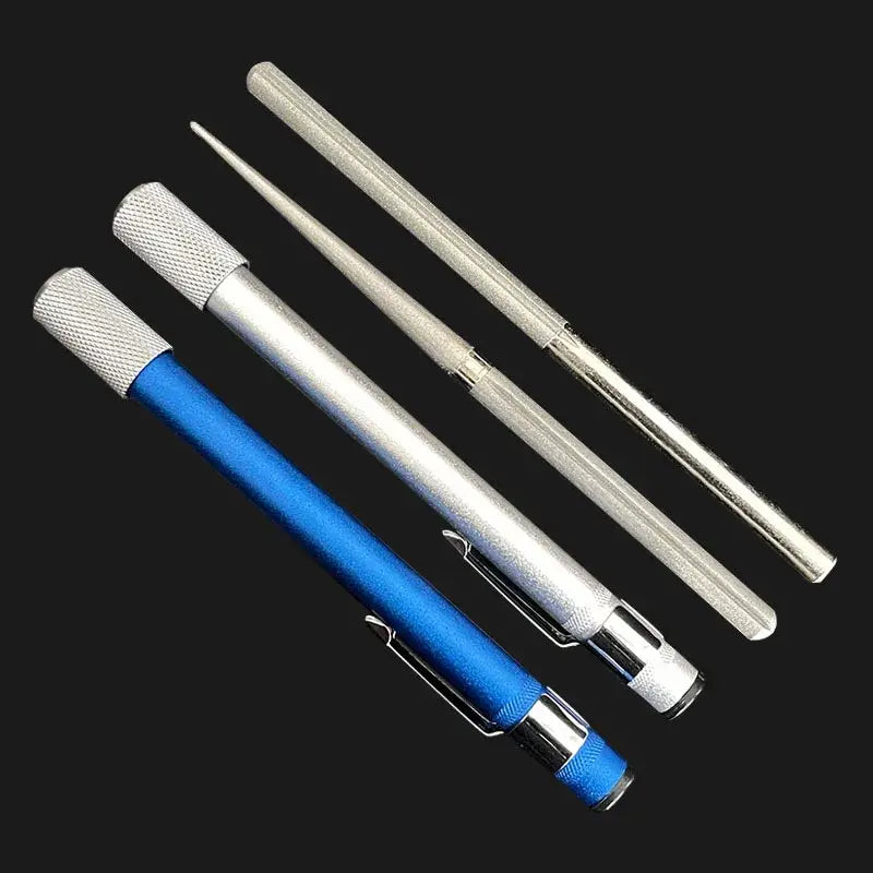 Blue and silver aluminum decorbites knife sharpener with pen-style design and textured grip ends for precise sharpening