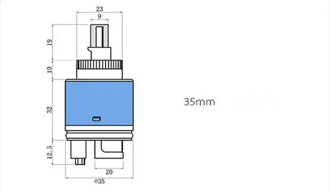 Blue and white 40mm ceramic faucet cartridge with blue cylindrical ceramic body and metallic top for kitchen water saving
