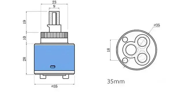 Blue and white 40mm ceramic faucet cartridge with metallic threaded top and three-hole mounting base for kitchen use