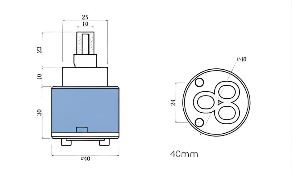 Blue and white 40mm ceramic faucet cartridge with white plastic handle and metallic finish for kitchen water saving