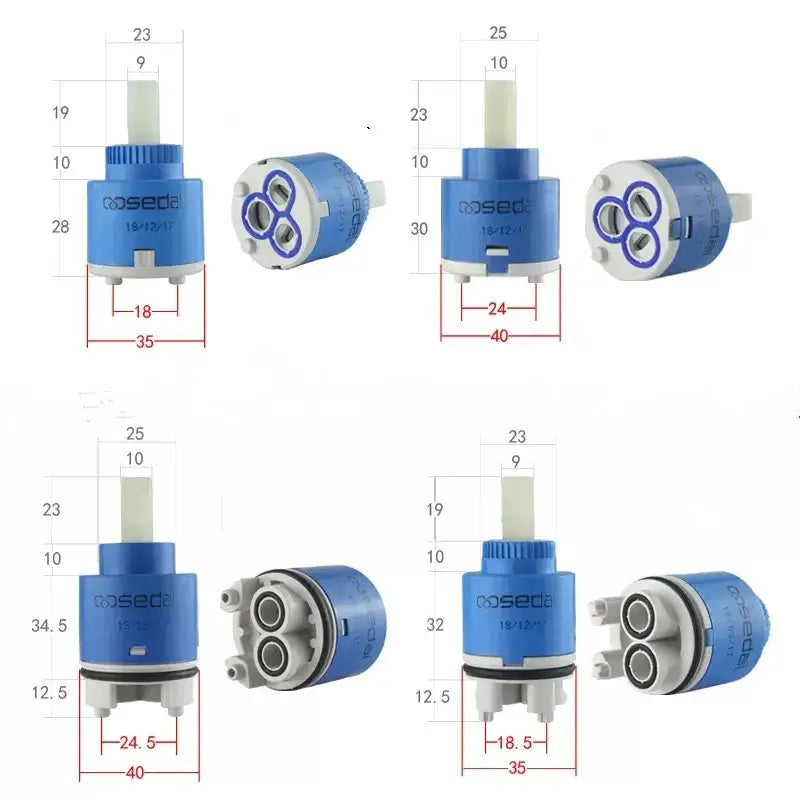 Blue and white 40mm ceramic faucet cartridge with ceramic components and engraved cosed branding for kitchen water saving