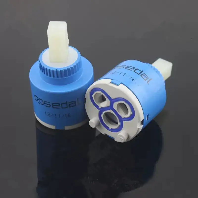 Blue and white 40mm ceramic faucet cartridge with textured grip and sedal branding for kitchen water saving