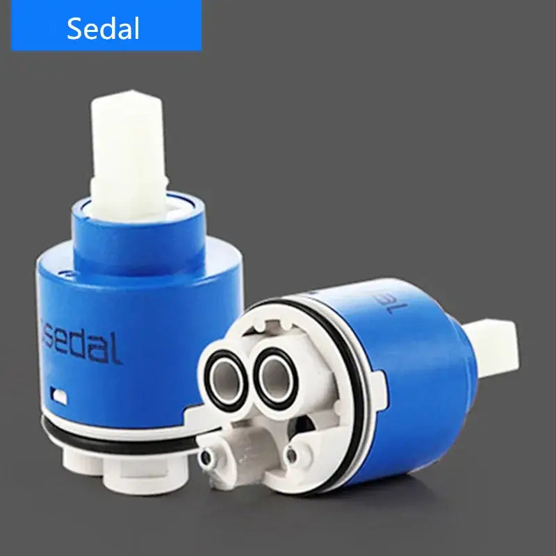 Blue sedal 40mm ceramic faucet cartridge with white plastic components and black rubber seals for kitchen water saving