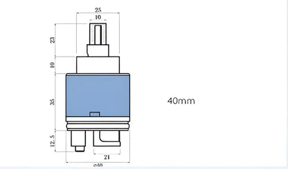 Blue and white 40mm ceramic faucet cartridge with metallic parts and precise dimensional markings for kitchen use
