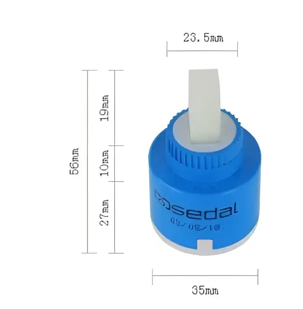 Blue and white ceramic cartridge faucet mixer spindle with blue plastic handle and white ceramic knob engraved brand name