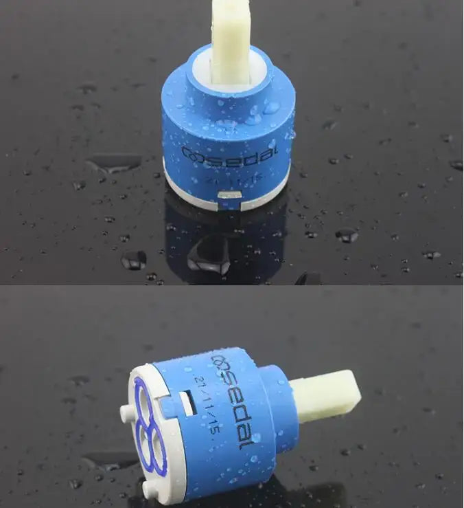 Blue and white ceramic cartridge faucet mixer with beige handle branded cosedal for kitchen spindle applications