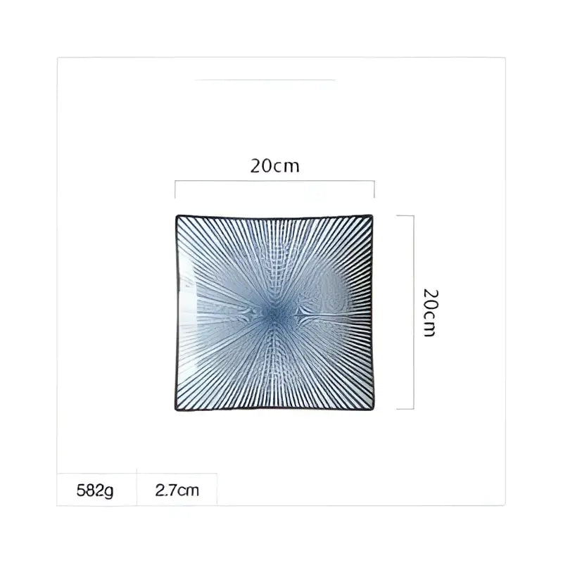 Blue and white crackle glaze porcelain square dinner plate with radial pattern measuring 20cm by 20cm