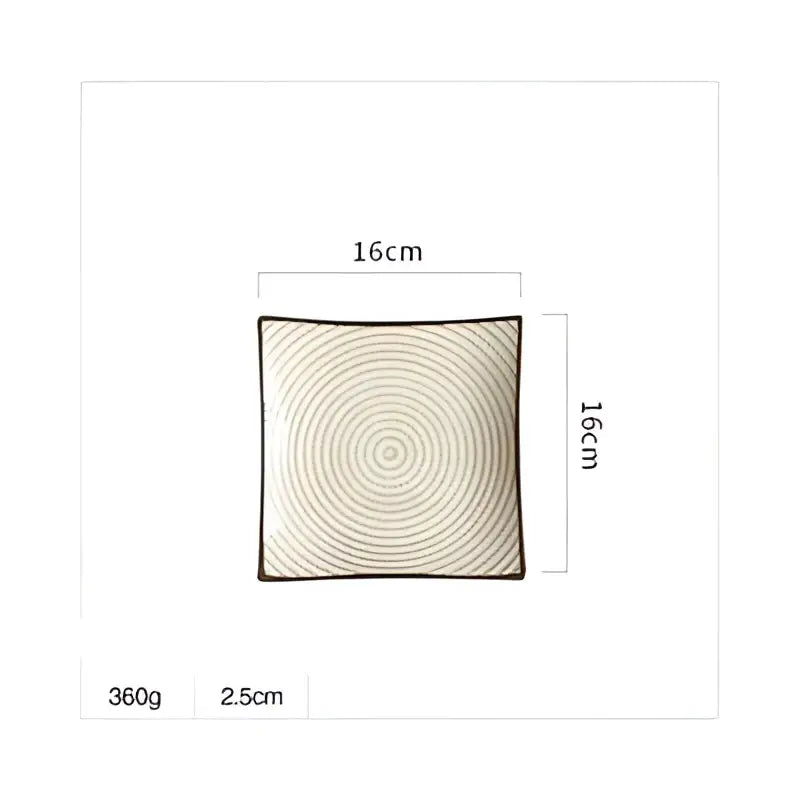 Woven tray with textured concentric circles in off-white and dark brown displayed alongside porcelain square dinner plate