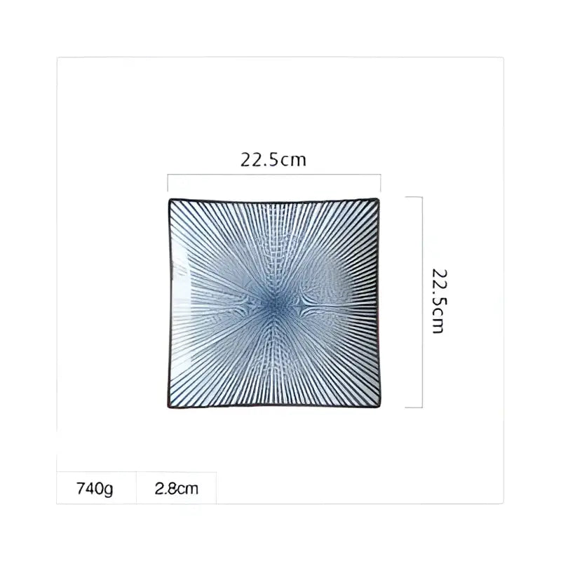 Blue and white crackle glaze porcelain square dinner plate with radial pattern measuring 22.5cm for dining room use