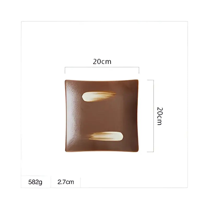 Brown ceramic square dinner plate with two beige brushstroke designs complementing porcelain square dinner plate use