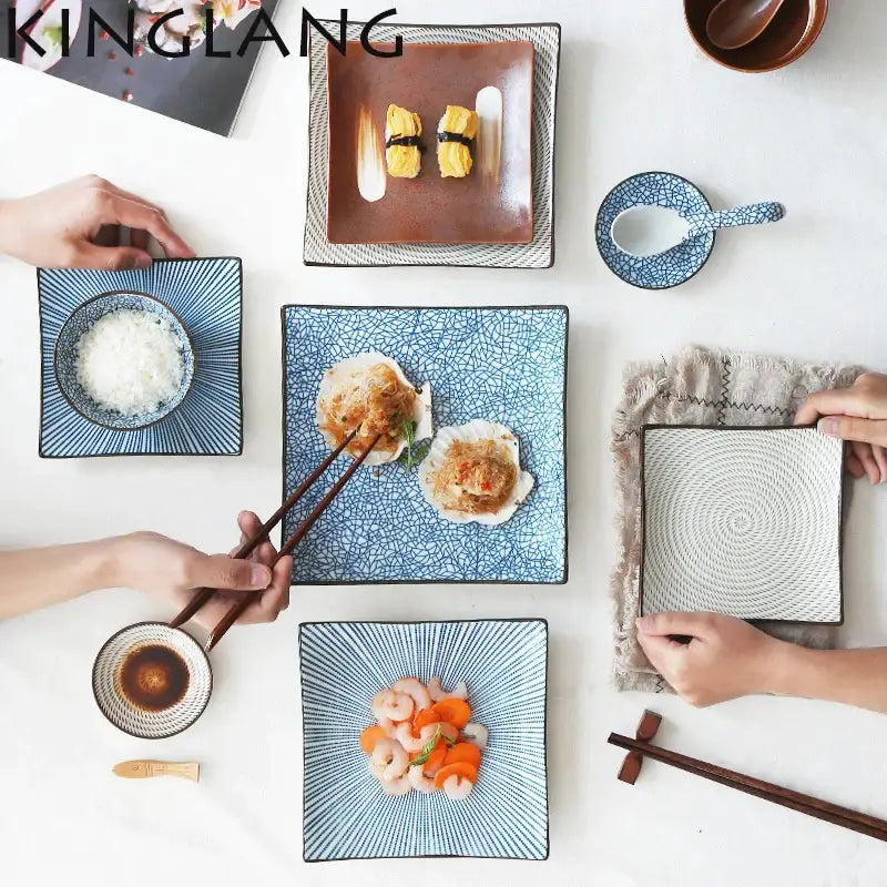 Blue and white crackle glaze porcelain square dinner plate with geometric patterns for elegant dining room use