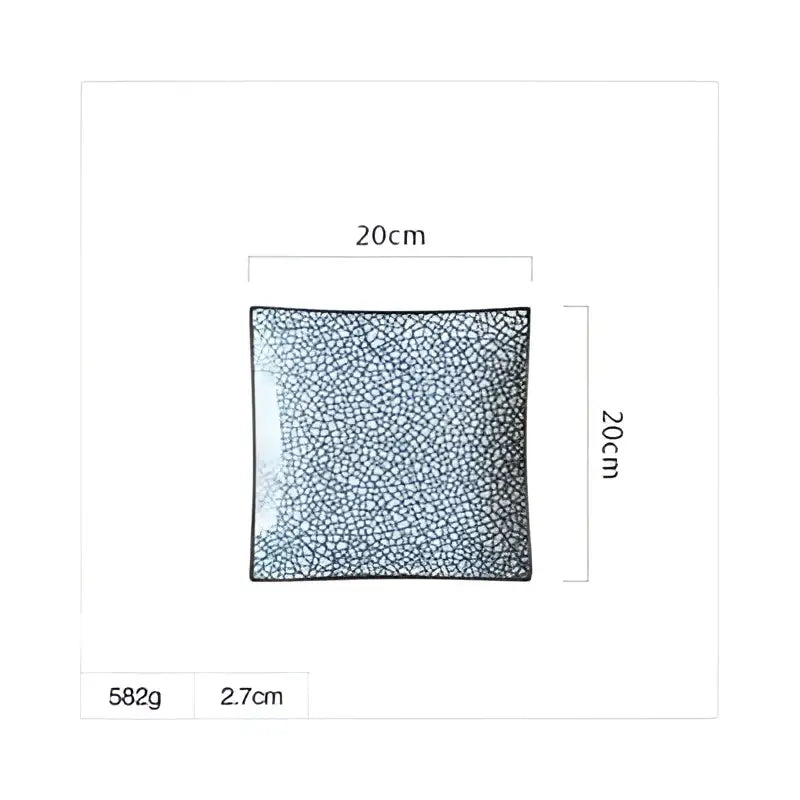 A porcelain square dinner plate with crackled gray and white glaze measuring 20cm by 20cm for dining use